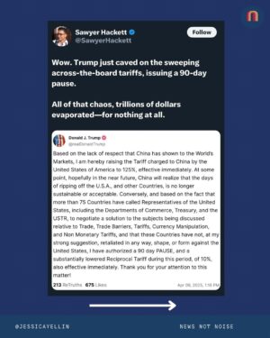 Jessica Yellin Instagram - Possible insider trading. Chaos. Indecision. Irrational policy. And a position that alienates allies and moves markets away from the dollar.

But did you know that China owns about $760 billion in US Treasuries. There’s been a massive sell off of treasuries. Who might be doing it….?