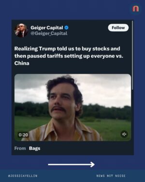 Jessica Yellin Instagram - Possible insider trading. Chaos. Indecision. Irrational policy. And a position that alienates allies and moves markets away from the dollar.

But did you know that China owns about $760 billion in US Treasuries. There’s been a massive sell off of treasuries. Who might be doing it….?