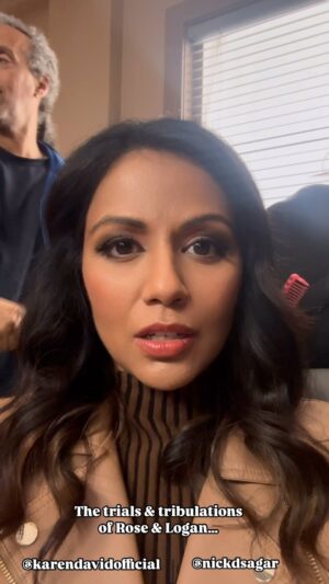 Karen David Instagram - Even upside down, ex’s can be amusing or… cheeky? 

It’s Rose vs Logan in our season 2 finale episode. Catch up on all episodes of Season 2 now @peacock in the U.S and with your local on demand cable provider. 

#rosedinshaw #jesselmartin @gradyano @nickdsagar