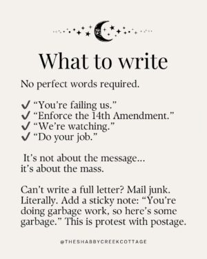 Kristin Bauer Instagram - All ya gotta do is mail something! This is HUGE!!! 
We all want to know what we can do, just write a postcard or a letter! 
I’m using the postcards from @signsofjustice (see posts in my feed).

This is just not the time to do nothing. 🙏💓🙌

RP @theshabbycreekcottage 

Project Mail Storm is officially rolling.

We’re flooding the system with handwritten letters - day after day, generation by generation. 

Not to yell, not to beg… just to apply peaceful, relentless pressure in the one place they can’t ignore: the mailroom.

You don’t have to be an expert. You don’t need the perfect words.

You just need a stamp, an envelope, and the courage to keep showing up.

📬 Write once a week. Or every damn day. 💌 Send it in a sparkly envelope or on the back of your junk mail. 🌀 Just keep mailing.

Because together? We are the storm.