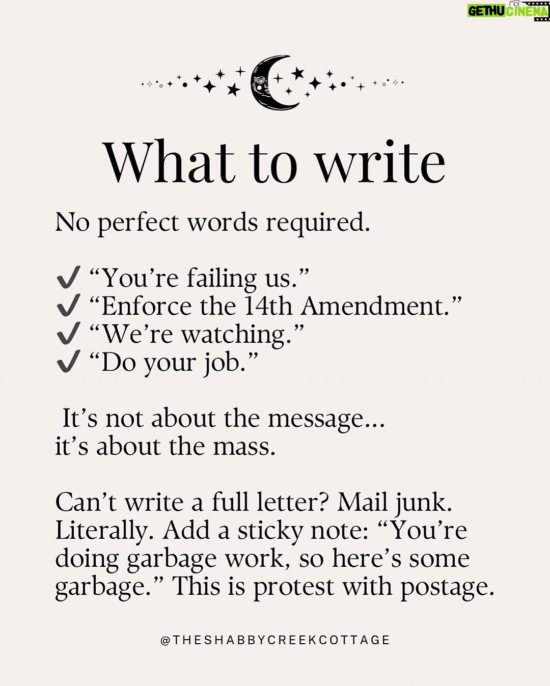 Kristin Bauer - 10.7K Likes - All ya gotta do is mail something! This is HUGE!!!
We all want to know what we can do, just write a postcard or a letter!
Iโm using the postcards from @signsofjustice (see posts in my feed).
This is just not the time to do nothing. ๐๐๐
RP @theshabbycreekcottage
Project Mail Storm is officially rolling.
Weโre flooding the system with handwritten letters - day after day, generation by generation.
Not to yell, not to begโฆ just to apply peaceful, relentless pressure in the one place they canโt ignore: the mailroom.
You donโt have to be an expert. You donโt need the perfect words.
You just need a stamp, an envelope, and the courage to keep showing up.
๐ฌ Write once a week. Or every damn day.โจ๐ Send it in a sparkly envelope or on the back of your junk mail.โจ๐ Just keep mailing.
Because together? We are the storm.
