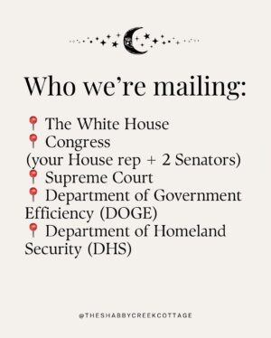 Kristin Bauer Instagram - All ya gotta do is mail something! This is HUGE!!! 
We all want to know what we can do, just write a postcard or a letter! 
I’m using the postcards from @signsofjustice (see posts in my feed).

This is just not the time to do nothing. 🙏💓🙌

RP @theshabbycreekcottage 

Project Mail Storm is officially rolling.

We’re flooding the system with handwritten letters - day after day, generation by generation. 

Not to yell, not to beg… just to apply peaceful, relentless pressure in the one place they can’t ignore: the mailroom.

You don’t have to be an expert. You don’t need the perfect words.

You just need a stamp, an envelope, and the courage to keep showing up.

📬 Write once a week. Or every damn day. 💌 Send it in a sparkly envelope or on the back of your junk mail. 🌀 Just keep mailing.

Because together? We are the storm.