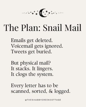 Kristin Bauer Instagram - All ya gotta do is mail something! This is HUGE!!! 
We all want to know what we can do, just write a postcard or a letter! 
I’m using the postcards from @signsofjustice (see posts in my feed).

This is just not the time to do nothing. 🙏💓🙌

RP @theshabbycreekcottage 

Project Mail Storm is officially rolling.

We’re flooding the system with handwritten letters - day after day, generation by generation. 

Not to yell, not to beg… just to apply peaceful, relentless pressure in the one place they can’t ignore: the mailroom.

You don’t have to be an expert. You don’t need the perfect words.

You just need a stamp, an envelope, and the courage to keep showing up.

📬 Write once a week. Or every damn day. 💌 Send it in a sparkly envelope or on the back of your junk mail. 🌀 Just keep mailing.

Because together? We are the storm.