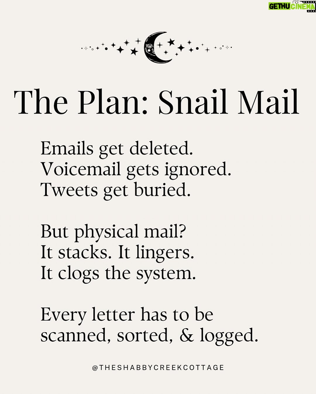 Kristin Bauer - 10.7K Likes - All ya gotta do is mail something! This is HUGE!!!
We all want to know what we can do, just write a postcard or a letter!
Iโm using the postcards from @signsofjustice (see posts in my feed).
This is just not the time to do nothing. ๐๐๐
RP @theshabbycreekcottage
Project Mail Storm is officially rolling.
Weโre flooding the system with handwritten letters - day after day, generation by generation.
Not to yell, not to begโฆ just to apply peaceful, relentless pressure in the one place they canโt ignore: the mailroom.
You donโt have to be an expert. You donโt need the perfect words.
You just need a stamp, an envelope, and the courage to keep showing up.
๐ฌ Write once a week. Or every damn day.โจ๐ Send it in a sparkly envelope or on the back of your junk mail.โจ๐ Just keep mailing.
Because together? We are the storm.