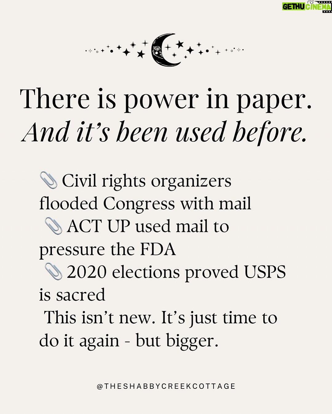 Kristin Bauer - 10.7K Likes - All ya gotta do is mail something! This is HUGE!!!
We all want to know what we can do, just write a postcard or a letter!
Iโm using the postcards from @signsofjustice (see posts in my feed).
This is just not the time to do nothing. ๐๐๐
RP @theshabbycreekcottage
Project Mail Storm is officially rolling.
Weโre flooding the system with handwritten letters - day after day, generation by generation.
Not to yell, not to begโฆ just to apply peaceful, relentless pressure in the one place they canโt ignore: the mailroom.
You donโt have to be an expert. You donโt need the perfect words.
You just need a stamp, an envelope, and the courage to keep showing up.
๐ฌ Write once a week. Or every damn day.โจ๐ Send it in a sparkly envelope or on the back of your junk mail.โจ๐ Just keep mailing.
Because together? We are the storm.