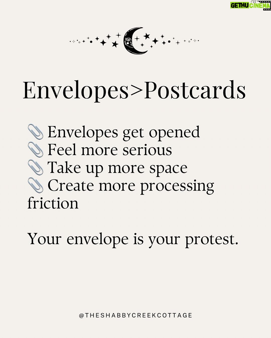 Kristin Bauer - 10.7K Likes - All ya gotta do is mail something! This is HUGE!!!
We all want to know what we can do, just write a postcard or a letter!
Iโm using the postcards from @signsofjustice (see posts in my feed).
This is just not the time to do nothing. ๐๐๐
RP @theshabbycreekcottage
Project Mail Storm is officially rolling.
Weโre flooding the system with handwritten letters - day after day, generation by generation.
Not to yell, not to begโฆ just to apply peaceful, relentless pressure in the one place they canโt ignore: the mailroom.
You donโt have to be an expert. You donโt need the perfect words.
You just need a stamp, an envelope, and the courage to keep showing up.
๐ฌ Write once a week. Or every damn day.โจ๐ Send it in a sparkly envelope or on the back of your junk mail.โจ๐ Just keep mailing.
Because together? We are the storm.
