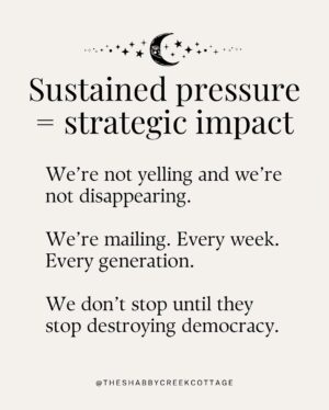 Kristin Bauer Instagram - All ya gotta do is mail something! This is HUGE!!! 
We all want to know what we can do, just write a postcard or a letter! 
I’m using the postcards from @signsofjustice (see posts in my feed).

This is just not the time to do nothing. 🙏💓🙌

RP @theshabbycreekcottage 

Project Mail Storm is officially rolling.

We’re flooding the system with handwritten letters - day after day, generation by generation. 

Not to yell, not to beg… just to apply peaceful, relentless pressure in the one place they can’t ignore: the mailroom.

You don’t have to be an expert. You don’t need the perfect words.

You just need a stamp, an envelope, and the courage to keep showing up.

📬 Write once a week. Or every damn day. 💌 Send it in a sparkly envelope or on the back of your junk mail. 🌀 Just keep mailing.

Because together? We are the storm.