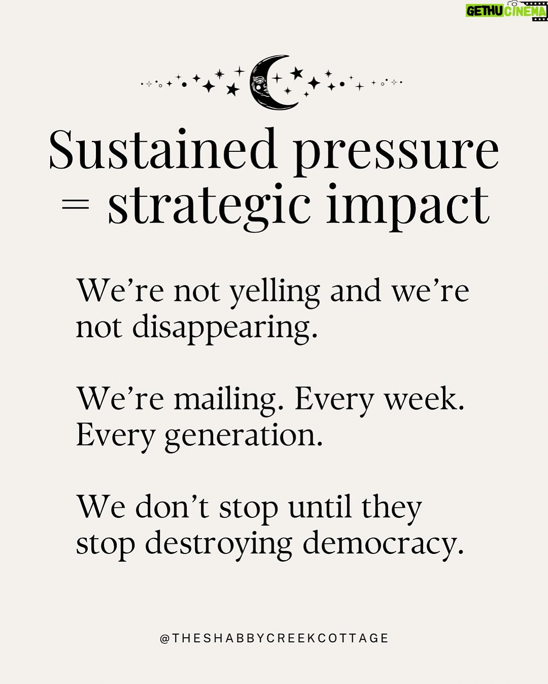 Kristin Bauer - 10.7K Likes - All ya gotta do is mail something! This is HUGE!!!
We all want to know what we can do, just write a postcard or a letter!
Iโm using the postcards from @signsofjustice (see posts in my feed).
This is just not the time to do nothing. ๐๐๐
RP @theshabbycreekcottage
Project Mail Storm is officially rolling.
Weโre flooding the system with handwritten letters - day after day, generation by generation.
Not to yell, not to begโฆ just to apply peaceful, relentless pressure in the one place they canโt ignore: the mailroom.
You donโt have to be an expert. You donโt need the perfect words.
You just need a stamp, an envelope, and the courage to keep showing up.
๐ฌ Write once a week. Or every damn day.โจ๐ Send it in a sparkly envelope or on the back of your junk mail.โจ๐ Just keep mailing.
Because together? We are the storm.