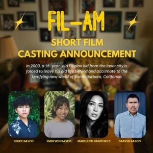 Madeleine Humphries Instagram - 🎉 CASTING ANNOUNCEMENT 🎉

We are proud to announce the cast of “Fil-Am”, a proof of concept short film written/directed by award winning FilAm filmmaker Ralph Torrefranca and produced by Emmy Award winning Filipina producer Eden Sabolboro.

🌟 Deuce Basco as Jonah De Los Santos
🌟 Emerson Basco as Stephanie De Los Santos
🌟 Madeleine Humphries as Gloria Green
🌟 Darion Basco as Arnel De Los Santos 

 ✨The feature script for ”Fil-Am” was selected by @goldhouseco for their first annual “Gold Pitch” at this past @tiff_net 2024 with the feature officially in development. 

The proof of concept short goes into production this summer 2025!! 

Follow the cast/crew’s journey from proof to feature on the official Fil-Am instagram: @filamfilm