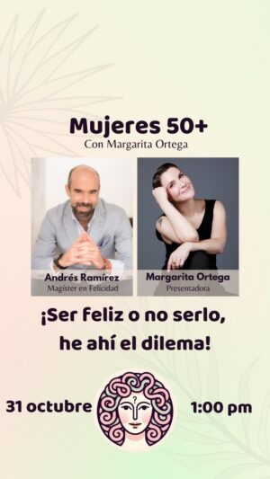 Margarita Ortega Instagram - 🌟 ¿Qué significa la felicidad? 🌟
¿Es un lugar al que llegamos? ¿Un momento fugaz? ¿Viene en frascos o paquetes, es igual para todos? 
🔅 En #Mujeres50Más con Margarita Ortega, cuestionamos los mitos y descubrimos que la felicidad es mucho más que una emoción pasajera. Es una construcción propia, única y cambiante que nos lleva a reflexionar sobre quiénes somos y qué necesitamos. Junto a Andrés Ramirez @andresramirezfelicidad Exploramos temas clave que alimentan la felicidad auténtica: el amor propio, las relaciones genuinas, la salud emocional, los proyectos de vida, la independencia, la responsabilidad y la libertad de ser tú misma. Porque, al final, ¿No era eso de lo que se trataba todo esto? 
💖 Únete a nosotras en el camino de la plenitud. 
Bienvenidas todas a una nueva charla en #mujeres50masconmargaritaortega 

📚Libros de @andresramirezfelicidad : Entre rodaderos y escaleras / La felicidad es un electrocardiograma/ In felicidad y Triada de la felicidad. 📖

#felicidad #bienestar #mujer #saludemocional #saludmental #realizacion #menopausia
