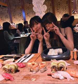 Miya Cech Instagram - how lucky to have friends who love you enough to struggle this much for the perfect birthday photos 😂. grateful to be surrounded by so much love, laughter and good food last night! also grateful for all of the opportunities, blessings and lessons the universe has afforded to me so far and ready to jump feet first into the journey ahead. 🍣🎂🥳🥞💚 #Level18😱