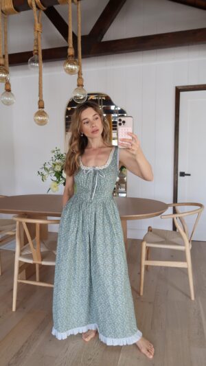 Olesya Rulin Instagram - Introducing you to the Eliana Dress by @christydawn. This dress was inspired by an Edwardian corset. Sleeveless and crafted from 100% Regenerative Cotton it’s like wearing a romance novel. Please use my code to check out OLESYA10 and enjoy this video of all the little creatures that live in my home.