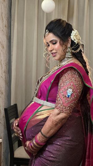 Sangeetha V Instagram - We Had the Pleasure of Decking up soon - to - be Mom Sangeetha Mam For her Baby Shower Ceremony 🤰🏻
 
 ✨ We Prepared for her BIG Event by Meticulously following up her for her outfits and Accessories, And we Finalized Everything ✨

@sangeetha.v.official ✨
Makeup & Hairstyle - @mahi_makeover_chennai ✨
Saree draping - @shakthi_glamstudio ✨
Makeup assistant - @contour_to_conquer ✨
Blouse - @ve_kay_boutique ✨
Jewels - @new_ideas_fashions ✨
Decorate - @smart_decors.in ✨
Photography - @dhanush__photography ✨
.
.
#instagood #makeup #makeupartist #bride #bridalmakeup #indianbride #southindianwedding #tamilbride #wedding #professionalmakeupartist #galatta