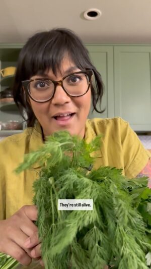 Sohla El-Waylly Instagram - No more wilty herbs! Keep tender, stem-y herbs (cilantro, parsley, dill, chervil, mint, tarragon) perky for weeks! Trim the ends, wash & spin dry, then keep in a container with an inch of water, covering the whole thing in a plastic bag. Change the water out every couple of days.