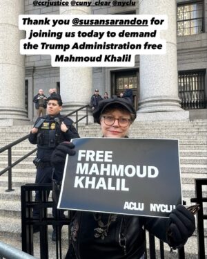 Susan Sarandon Instagram - Although Columbia grad and human rights defender Mahmoud Khalil is not yet coming home, his first court hearing today demonstrated that his support is massive and and growing (see slides). I believe this will make the Trump Administration's venal and illegal plan to deport him as punishment for his criticism of Israel very difficult to pull off.

Here are some takeaways: lawyers for Trump had Mahmoud snatched from his apartment in Manhattan on Saturday without a warrant and quickly moved him to Louisiana hoping New York courts (which are more liberal) would be deprived of jurisdiction over the legal challenge to his detention. It's clear from today that's unlikely to work. I also learned he is being held largely incommunicado; prison officials have yet to let him talk to his own lawyers. (He has talked to his wife, who is 8 months pregnant with their first child.) Judge Jesse Furman ordered emergency briefing on the petition for release, with the first submissions due tomorrow.

This case is a huge showdown with enormous implications for free speech in our country. For the first time, our government is trying to revoke the legal residency of a person not because he committed a crime but simply because they don't like the content of his speech. (If this stands, I believe Trump might try to exile citizens next.) I know Mahmoud pretty well — we just met for lunch two weeks ago -- and I can assure you he is one of the most humble, gentle, kind, diplomatic, and intelligent young leaders l've ever met. He is a human rights defender, pure and simple.

The good news from today is that hundreds of people packed the largest courtroom in the building - called the ceremonial courtroom. Many more were outside. Dozens of media outlets attended. @susansarandon demanded Mahmoud's release. The lawyers for Mahmoud unfortunately chose not to argue the merits of the case today or to seek Mahmoud's immediate release (which I find mystifying), but they are some of the most progressive and skilled advocates in the city. There should be another hearing in days.

More soon.👊👊👊