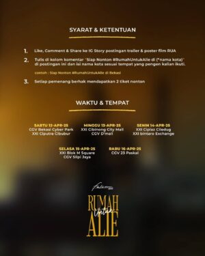Tika Bravani Instagram - Ayo ikutan Challenge nya dan menangkan tiket nonton film #RumahUntukAlie di Special Screening bersama para pemain! 🤗😊😍

Setiap pemenang bakalan dapat 2 tiket nonton, jadi bisa dateng bareng keluarga, kawan atau pasangan. 😊

Selengkapnya cek Syarat & Ketentuan ➡️➡️➡️

#RumahUntukAlie | 17 April di Bioskop

@anantya.kirana @rizkyhanggono @ditodarmawan__ @rafaltama @andryandidi @faris.fadjar @tikabravani @ullytriani @sabrinajwaulia @jonathanalvaro.s @alineefziah @alexandraa.vallerie @sheilakusnadi_ @hannymhrnii @herwinnovianto @er1ca @id.tekad @lenn.liu @alie.ishalaaa