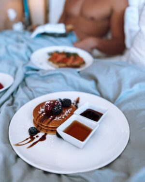 Athina Oikonomakou Instagram - Slow mornings, cozy sheets, and breakfast in bed with my favorite person @brunocerella.30 ✨…pure bliss ☕🍳🥞🩷 #morningslikethis #Barcelona #Spain #WelcomeTheOne #thepreferredlife #wf #weekendgetaway