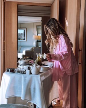 Athina Oikonomakou Instagram - Slow mornings, cozy sheets, and breakfast in bed with my favorite person @brunocerella.30 ✨…pure bliss ☕🍳🥞🩷 #morningslikethis #Barcelona #Spain #WelcomeTheOne #thepreferredlife #wf #weekendgetaway