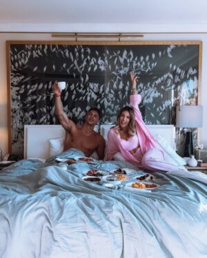 Athina Oikonomakou Instagram - Slow mornings, cozy sheets, and breakfast in bed with my favorite person @brunocerella.30 ✨…pure bliss ☕🍳🥞🩷 #morningslikethis #Barcelona #Spain #WelcomeTheOne #thepreferredlife #wf #weekendgetaway