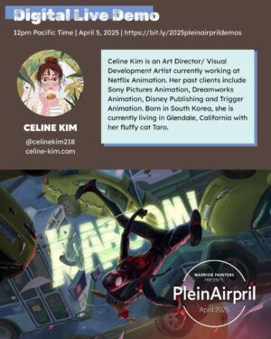 Celine DaHyeu Kim Instagram - Celine Kim (@celinekim218) is going live on Saturday, April 5, 2025, at 12pm Pacific Time for our 2nd session of the 2025 #PleinAirpril Live Demo series☺️

In this 2-hour session, Celine will showcase her digital painting workflow and share her valuable insights about creating art for animated features✨ The audience is encouraged to paint along and ask questions throughout. The session will be hosted by @angothemango 🤗

📢 Sign up for the 2025 PleinAirpril Live Demo series to join the session! Use code “NPNG2025” for 20% off now thru March 31.

🔗 Learn more & register: bit.ly/2025pleinairprildemos (link also in bio)

Are you planning to participate in the 2025 #PleinAirpril challenge? Join these live demos to get inspired! 🎨

#warriorpainters #warriorartcamp #livedemo #paintingdemo #paintwithus #NoPleinNoGain