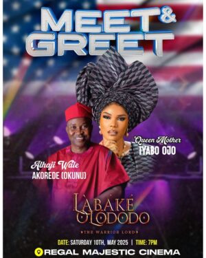 Doris Simeon Instagram - Meet & Greet Alert! 🎬

To my darling fans in Maryland,  and DC, come out tomorrow! Let's watch the movie of the season together! 🎥

Join me and my colleagues for the premiere of Labake Olododo: The Warrior Lord at Regal Cinema, Silver Spring, DC, tomorrow, May 10th, 2025!

Let's celebrate together! Come with friends! Can't wait to see you all! 🎬

Produced by @FesprisProduction & @Filmonestudios

Directed by @BiodunStephen

Executive Producers: @IyabOjoFespris, @Filmonestudios, @Abazee_Productions, & @AlabauUltimate

Distributed by @filmoneng