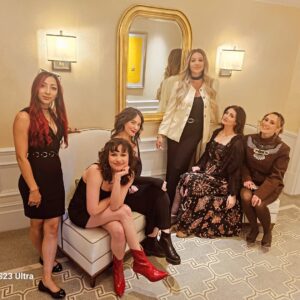 Frankie Ward Instagram - Gosh @bafta Games Awards Nominees party was a blast... and mostly cos of the women I got to hang out with! 

1. Langham Hotel hallway, taken by the marvellous @cadaea 
2. Nominees party pic! By @elleosiliwood 
3. Close-up of my makeup by @alexandraxisabelle using @stilauk 
4. Practicing my camera face
5. Some of the squad! (I think Cadaea, Sophiesnazz and Jane Douglas were getting changed into their party gear)

Dress and necklace from @andotherstories and boots by @terrydehavilland