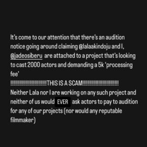 Ireti Doyle Instagram - DEAR ACTOR... BEWARE!!
Posted @withregram • @jadeosiberu NEVER pay to audition