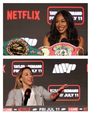 Jennifer Miranda Instagram - Así fue el primer encuentro entre Jennifer Miranda y Alycia Baumgardner en la presentación del próximo evento de MVP 🤩 

Nuestra embajadora disputará el Campeonato Mundial Unificado como combate co-estelar de la noche en la trilogía entre Katye Taylor vs Amanda Serrano en el Madison Square Garden el próximo 11 de Julio 🥊

Estamos contigo
#Andthenew ⚔️🖤