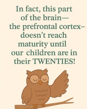 Kate Silverton Instagram - I’ve noticed the phrase “make good choices” being used more and more in schools and childcare settings.

But here’s the thing — that demand we make of a young child flies in the face of what we now know about brain development.

Young children (and many young people) are navigating the world with a brain that’s still developing.

So they don’t have a fully mature prefrontal cortex 

THIS is the part of the brain that helps us to make good choices! 

It helps us to problem-solve, regulate big feelings, have empathy, and consider the world from another’s perspective.

In my books, I find it helpful to visualise this part of the brain as a little owl — one that becomes a wise owl over time.

It is this part of the brain that helps us to ‘make good choices’, so, expecting that from a child whose brain isn’t developmentally mature?  We’re asking the impossible.

Yes, absolutely we want our children to behave appropriately and with empathy for others. 

But making good choices is a skill, not a switch.

Children cannot learn how to do it alone - they need our help and guidance - and that means understanding that they WILL make mistakes and having compassion for them when they do. 

If we want to nurture healthy brain development, it’s our job to teach our ‘ little owls ‘ how to fly.

And we do that, not by punishing children, or using the very behaviours we’re trying to extinguish ie hitting, isolating, shaming or blaming 

These are not OUR ‘best choices’ !

We must model the behaviours we want to see.

Compassion, curiosity, and connection —
Those are the tools that help our children grow.

That’s how we teach our little owls how to fly.

#NotNaughty #ChildDevelopment #TherapeuticParenting #ModellingMatters #WiseOwls #ParentingWithScience #CompassionNotControl #EarlyYearsMatter
#mentalhealthawareness #mentalhealthawarenessmonth