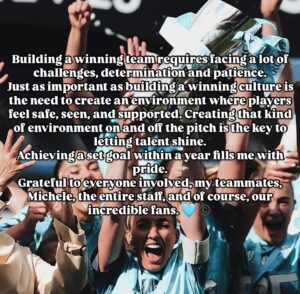 Kosovare Asllani Instagram - Evenings with the team ✨

Building a winning team requires facing a lot of challenges, determination and patience.
Just as important as building a winning culture is the need to create an environment where players feel safe, seen, and supported. Creating that kind of environment on and off the pitch is the key to letting talent shine.
Achieving a set goal within a year fills me with pride. 
Grateful to everyone involved, my teammates, Michele, the entire staff, and of course, our incredible fans. 🩵