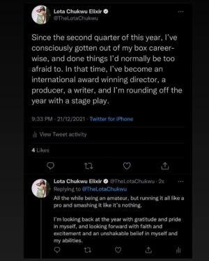 Lota Chukwu Instagram - This year has been good, this year has been kind. If you are ever in doubt you can do it, look inwards. 

I’m grateful for the people who have been kind to me this year, who have held my hand when I’ve been insecure or in doubt. I really needed the kindness this year, I am really grateful I got it. I’m motivated by the belief in me, especially when I push you people away because the belief do usually big too much sometimes and I just want to go back to being a couch potato. Thank you all. The team I put together this year, thank you for believing in this amateur and trusting in me and my dreams. Thank you for letting me lead you all, and not undermining me in any way (you people know yourselves). This year has been soooo revealing, I’ve learned lessons I didn’t want to learn but I count it all joy. 

I remember all the support, I remember all the shoulders and listening ears, I remember the kindness, I remember the belief and words of encouragement. I also remember the negativity, the doubts, the insecurities and all that silly sour tasting nasty emotions but I CHOOSE to focus on the good. Hourly, daily… I choose light. 

I just feel grateful and fulfilled and full of joy. Nothing much here. Just some gratitude.