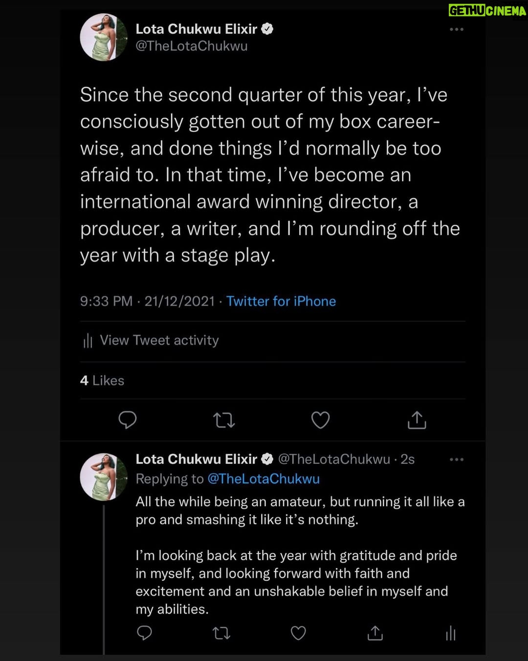 Lota Chukwu - 2.2K Likes - This year has been good, this year has been kind. If you are ever in doubt you can do it, look inwards.
I’m grateful for the people who have been kind to me this year, who have held my hand when I’ve been insecure or in doubt. I really needed the kindness this year, I am really grateful I got it. I’m motivated by the belief in me, especially when I push you people away because the belief do usually big too much sometimes and I just want to go back to being a couch potato. Thank you all. The team I put together this year, thank you for believing in this amateur and trusting in me and my dreams. Thank you for letting me lead you all, and not undermining me in any way (you people know yourselves). This year has been soooo revealing, I’ve learned lessons I didn’t want to learn but I count it all joy.
I remember all the support, I remember all the shoulders and listening ears, I remember the kindness, I remember the belief and words of encouragement. I also remember the negativity, the doubts, the insecurities and all that silly sour tasting nasty emotions but I CHOOSE to focus on the good. Hourly, daily… I choose light.
I just feel grateful and fulfilled and full of joy. Nothing much here. Just some gratitude.
