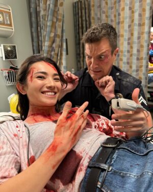 Maria Zhang Instagram - what a bloody fun little cameo this was!! go watch the rookie season 7 episodes 8 and 9 if you wanna see me (well, the lovely @taramacken) get shot in slow motion❤️‍🩹🙂‍↕️