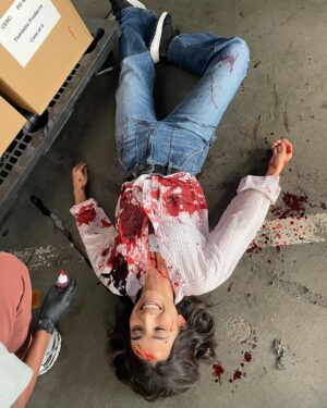 Maria Zhang Instagram - what a bloody fun little cameo this was!! go watch the rookie season 7 episodes 8 and 9 if you wanna see me (well, the lovely @taramacken) get shot in slow motion❤️‍🩹🙂‍↕️