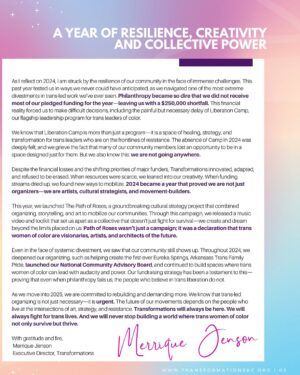Monica Beverly Hillz Instagram - 📢 2024 was hard. But we are harder to erase.

Today, we’re proud to release our 20-page Impact Report, documenting a year of resilience, creativity, and trans power across Missouri, Kansas, NW Arkansas, and the Ozarks. 💥🏳️‍⚧️

Led by trans women of color, Transformations emerged in 2016 in response to the epidemic of violence targeting Black and Brown trans femmes. We’ve always fought back—with strategy, with art, and with community.

🖤 From the frontlines to the page, our 2024 Impact Report reflects the deep shifts we faced—including a $250,000 shortfall from failed philanthropic promises that forced us to delay Liberation Camp, our flagship leadership program.

In the words of our ED, Merrique Jenson:
“Despite the financial losses and the shifting priorities of funders, Transformations innovated, adapted, and refused to be erased. When resources were scarce, we leaned into our creativity. 2024 proved we are not just organizers—we are artists, cultural strategists, and movement-builders.”

🌹 This year we:
✔️ Launched Path of Roses, a groundbreaking cultural strategy project with Monica Beverly Hillz blending organizing, art & music
✔️ Helped lead the first Eureka Springs Trans Family Pride
✔️ Grew our National Community Advisory Board
✔️ Doubled down on joy, safety & visibility for trans girls of color

This report was written by our 2024 CAB Chair Donato Fatuesi, with contributions from Merrique Jenson (ED), Jade Careaga & Jaron Goto (CAB Leaders), and Susie McClannahan (Board Chair).

📲 Tap the link in bio to read the full report now. Let it be a reminder: even when philanthropy fails us, the people do not.