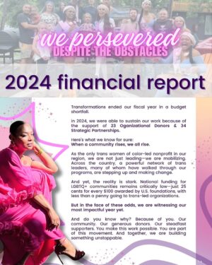 Monica Beverly Hillz Instagram - 📢 2024 was hard. But we are harder to erase.

Today, we’re proud to release our 20-page Impact Report, documenting a year of resilience, creativity, and trans power across Missouri, Kansas, NW Arkansas, and the Ozarks. 💥🏳️‍⚧️

Led by trans women of color, Transformations emerged in 2016 in response to the epidemic of violence targeting Black and Brown trans femmes. We’ve always fought back—with strategy, with art, and with community.

🖤 From the frontlines to the page, our 2024 Impact Report reflects the deep shifts we faced—including a $250,000 shortfall from failed philanthropic promises that forced us to delay Liberation Camp, our flagship leadership program.

In the words of our ED, Merrique Jenson:
“Despite the financial losses and the shifting priorities of funders, Transformations innovated, adapted, and refused to be erased. When resources were scarce, we leaned into our creativity. 2024 proved we are not just organizers—we are artists, cultural strategists, and movement-builders.”

🌹 This year we:
✔️ Launched Path of Roses, a groundbreaking cultural strategy project with Monica Beverly Hillz blending organizing, art & music
✔️ Helped lead the first Eureka Springs Trans Family Pride
✔️ Grew our National Community Advisory Board
✔️ Doubled down on joy, safety & visibility for trans girls of color

This report was written by our 2024 CAB Chair Donato Fatuesi, with contributions from Merrique Jenson (ED), Jade Careaga & Jaron Goto (CAB Leaders), and Susie McClannahan (Board Chair).

📲 Tap the link in bio to read the full report now. Let it be a reminder: even when philanthropy fails us, the people do not.
