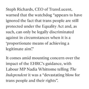 Nadia Whittome Instagram - Trans people are being failed by the institution that is meant to protect them.

It is deeply wrong that the body which is supposed to stand up for human rights is not only failing to speak out against trans people’s rights being stripped, but is actively contributing to this rollback.