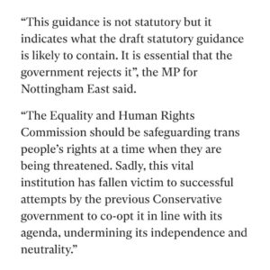 Nadia Whittome Instagram - Trans people are being failed by the institution that is meant to protect them.

It is deeply wrong that the body which is supposed to stand up for human rights is not only failing to speak out against trans people’s rights being stripped, but is actively contributing to this rollback.