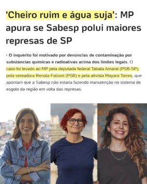 Renata Falzoni Instagram - É AÇÃO NOSSA! 💪🏼 Entramos com uma denúncia e agora o Ministério Público de São Paulo vai apurar a contaminação que vem acontecendo na água dos reservatórios Billings e Guarapiranga, aqui na capital.

Esses reservatórios abastecem mais de 5 milhões de moradores da Grande São Paulo e vários deles têm relatado a água chegando em suas casas com cor esverdeada e cheiro de enxofre.

É um absurdo que precisa ser investigado pra que os responsáveis sejam devidamente punidos e a população volte a ter acesso à água de qualidade. Contem com a gente nessa luta! 🤝