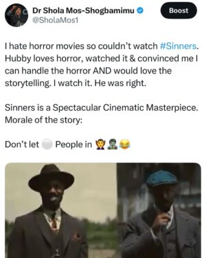 Shola Mos-Shogbamimu Instagram - Absolutely LOVE #Sinners - brilliantly directed and performed with incredible cinematography. ✊🏾