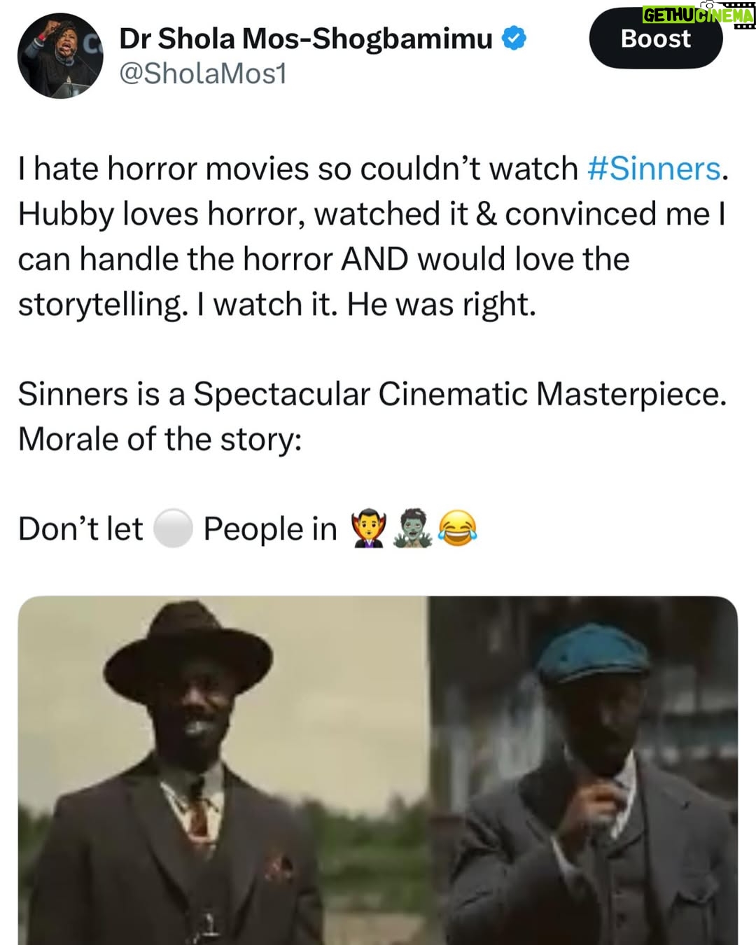 Shola Mos-Shogbamimu - 2.2K Likes - Absolutely LOVE #Sinners - brilliantly directed and performed with incredible cinematography. ✊🏾
