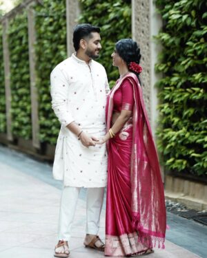 Swarda Thigale Instagram - Mr & Mrs Raut ☺️ 

.

.
.
.
#heyminnale #series #southindiansoul #wedding #wedmesouth #southindianlook
[ couple goals, South Indian look, traditional, saree, wedding, South Indian, Hairstyle inspo, Swarda Thigale]
