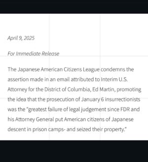 Tamlyn Tomita Instagram - To compare the prosecution of the January 6th Capitol rioters to the WW2 incarceration of over 125,000 Japanese Americans, where 2/3rd of them were American citizens is WRONG. 
There is no way, Ed Martin, Interim US Attorney for the District of Columbia can equate my father and his entire family with the insurrectionists who stormed our Nation’s Capitol with hate, vitriol, and ill intent. 
How this “egregiously unqualified political hack who has never served either as a prosecutor or judge” can state this once again proves the insanity of the assministration. 
Thank you, @jacl_national standing up and speaking out 🙏🏼🇺🇸