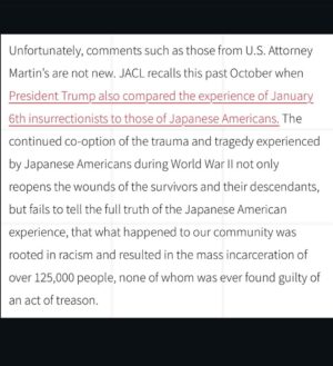 Tamlyn Tomita Instagram - To compare the prosecution of the January 6th Capitol rioters to the WW2 incarceration of over 125,000 Japanese Americans, where 2/3rd of them were American citizens is WRONG. 
There is no way, Ed Martin, Interim US Attorney for the District of Columbia can equate my father and his entire family with the insurrectionists who stormed our Nation’s Capitol with hate, vitriol, and ill intent. 
How this “egregiously unqualified political hack who has never served either as a prosecutor or judge” can state this once again proves the insanity of the assministration. 
Thank you, @jacl_national standing up and speaking out 🙏🏼🇺🇸