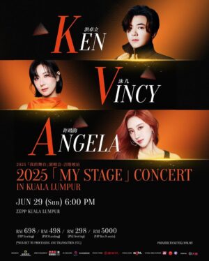 Vincy Chan Instagram - 《2025「我的舞台」演唱会-吉隆坡站》正式官宣❗️
✨泳儿 VINCY x 洪卓立 KEN × 许靖韵 ANGELA✨
来自香港英皇的三位实力唱将联手打造属于我的舞台，首首经典唤醒港乐记忆，全新的音乐盛宴即将唱响吉隆坡！6月29日现场见！

⏰ 演出时间：2025年06月29日（日）6:00PM
📍 演出地点：ZEPP KUALA LUMPUR
💰 门票售价：(VIP 坐席) 698令吉 / (PS1 站位) 498令吉 / (PS2 坐席) 298令吉 / (VIP包箱8座） 5000令吉
*价格不包含手续费和附加费 

【💡购票详情】
公开售票：2025年04月28日（一）12:00PM
售票平台：
► TICKETEK：https://premier.ticketek.com.my/shows/show.aspx?sh=MYSTAGE25
► 大麦：https://detail.damai.cn/item.htm?id=911817293393

主办单位| 超奇娱乐 @cq.entertainment 
艺人经纪| 英皇娱乐 @eeg_music
协办单位| Pew Pew Resource @pewpew_resource , SHAREONE
特别鸣谢| 南洋茶室 @nanyang.cafe 
指定电台| eightFM @eightfm881 
指定媒体| Yes Boss @yesbossasia , Rojaklah @rojaklah_my , TanTanNews @tantannews 
指定商场| Pavilion Kuala Lumpur @pavilionkualalumpur 
指定场地| DADI Cinema @dadicinema_my
票务平台| Ticketek @ticketekmalaysia, 大麦

——————

2025 「MY STAGE」CONCERT IN KUALA LUMPUR Officially announced❗️
✨VINCY CHAN x KEN HUNG × ANGELA HUI✨
Three powerful singers from Hong Kong EEG have joined hands to create a “My Stage”. Each classic song will awaken the memory of Hong Kong music. A brand new music feast is about to be held in Kuala Lumpur! See you on June 29th!

⏰ Date：29 June,2025（Sun）6:00PM
📍 Venue：ZEPP KUALA LUMPUR
💰 Ticket Prices：(VIP Seating) RM 698 / (PS1 Standing) RM 498 / (PS2 Seating) RM 298 / （VIP Box 8 seats) RM 5000
*Price excludes processing fee and surcharge 

【💡Ticket Sales Information】
Public Sales：28 April,2025（Mon）12:00PM
Ticketing Website：
► TICKETEK：https://premier.ticketek.com.my/shows/show.aspx?sh=MYSTAGE25
► DaMai：https://detail.damai.cn/item.htm?id=911817293393

#泳儿VINCY #洪卓立KEN #许靖韵ANGELA #MY_STAGE_CONCERT_in_KUALALUMPUR #我的舞台演唱会吉隆坡 #ZEPPKL #MALAYSIA #KUALALUMPUR #Malaysiaconcert