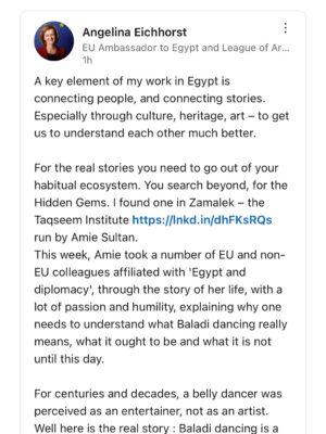 Amie Sultan Instagram - Thank you your Excellency Ambassador to the EU Angelina Eichhorst for the wonderful words about our work at Taqseem Institute and Tarab Collective. It was a pleasure to host the SHOMS (spouses of heads of mission) at our headquarters