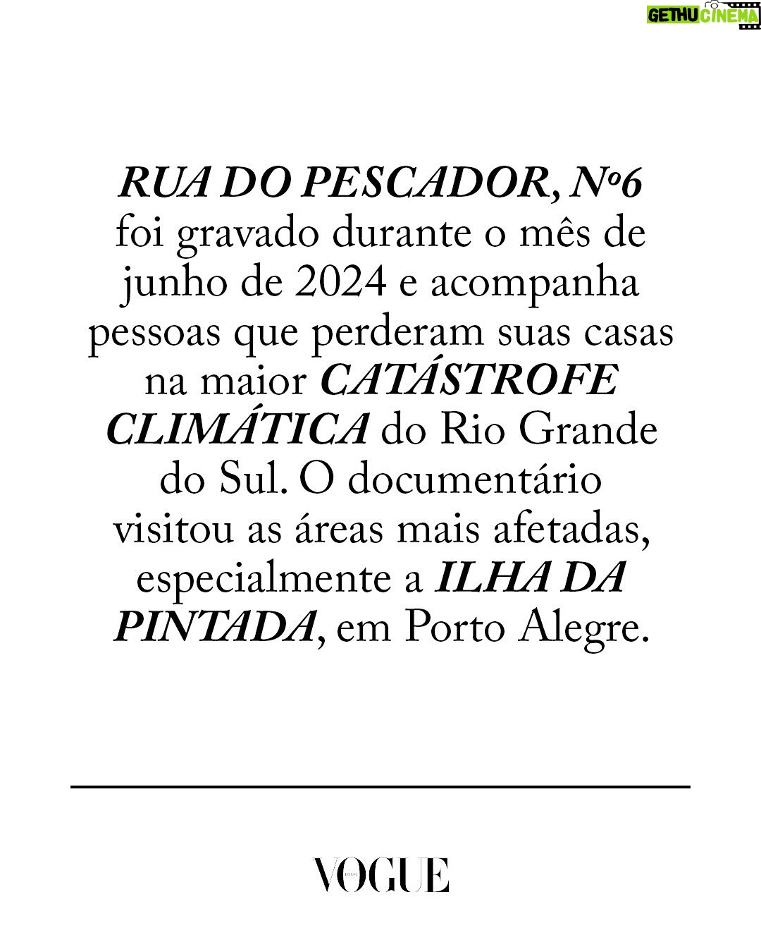 Barbara Paz - 7.2K Likes - Enquanto levava sua exposição para Lisboa em maio passado, Bárbara Paz (@barbararaquelpaz), gaúcha, foi uma das milhares de pessoas que acompanharam pela tevê a catástrofe ambiental que se abateu sobre sua terra natal. Num misto de incredulidade e inquietude, sentiu que tinha que fazer algo a mais. Partiu para Porto Alegre, ainda que aviões não fossem permitidos de voar para lá, juntou uma equipe e registrou tudo o que pôde. O resultado é ‘Rua do Pescador, nº6’, seu novo documentário, que estreia nesta sexta-feira (04.04) em São Paulo dentro da mostra competitiva do festival ‘É Tudo Verdade’. “Não quis montar um filme melodramático. Isso que eu documentei é um ensaio sobre a tragédia”, contou a atriz ao editor de cultura e lifestyle @nomello. “Minha proposta era poder deixar registrado o que eu vi e senti lá. Eu e os gaúchos que estavam comigo e viram tudo de perto”, completou. Deslize o carrossel para saber mais e em vogue.com.br, você encontra a entrevista com a diretora na íntegra, mais todos os detalhes sobre a 30ª edição do festival internacional de documentários, que reúne mais de 80 produções de 30 países até o dia 13 de abril.