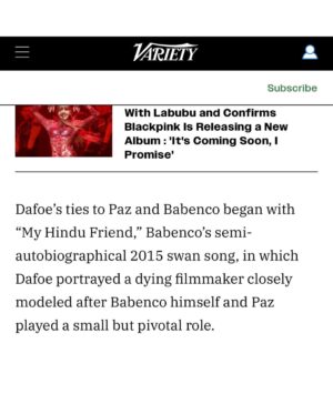 Barbara Paz Instagram - @variety
como diria Guimaraes Rosa .Eu estou só. O gato está só. As árvores estão sós. Mas não o só da solidão: o só da solistência.”
I am alone. The cat is alone. The trees are alone. But not the loneliness of solitude - the loneliness of solexistence.
@conspiracaofilmes em coprodução de @infinityhill_ Junto com minhas maravilhosas produtoras @renatabra @julianacapelini e se @axelkuschevatzk da nossa roterista @miacamargo e nosso argumento @vicviscomendonca e tantos parceiros como @sergiomagraner @danielamazzilli @cacagoulart_ @@____paulalima @anna4m_ @primeiroplanocom nessa longa jornada noite adentro Nosso CUDDLE nasce para abraçar a todos. Como um reflexo do nosso mundo contemporâneo - Num lugar onde as pessoas estão cada vez mais solitárias. O afeto se transformou em fibras óticas. Ame através de conexões Wi-Fi. Porém, o efeito fenomenológico é que as pessoas ficam extremamente carentes de carinho, de um simples abraço.In “Cuddle,” Dafoe plays Dante, a professional cuddler who offers platonic comfort to strangers craving connection. His clients range from the overwhelmed to the emotionally fragile, people searching for human touch in a world where affection has become rare and transactional. Behind his calm exterior, Dante struggles with a painkiller habit and a lonely existence, softened only by the quiet company of his dog. But when a surprising encounter disrupts his routine, it opens the door to a fragile and unexpected kind of intimacy.