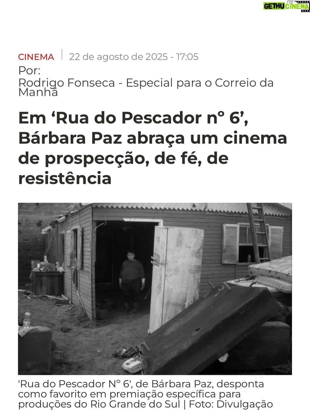 Barbara Paz - 3K Likes - Rua do Pescador N6  com seu espanto perante o trágico  tem emocionado .. . .@festivaldecinemadegramado Obrigada por estender o tapete vermelho para os meus persongens que ainda lutam para sobre(viver) depois de um fim .. Obrigada todos os meus queridos amigos da Ilha da Pintada. Eternizamos essa historia nesse pequeno retrato . Obrigada por dividirem  suas  vidas suas dores e sua luta por pertencimento e amor por essa terra ! Nosso Rio  Grande do Sul ! Brindamos a vida ! 

obrigada @palavra.assessoria vcs foram incriveis ! 
fotos @edison_d_vara 
Obrigada @bonitocinesur  Festival de Bonito na sua terceira edicao mostramdo que veio para ficar. Lindo ! potente ! Obrigada !  @elisregina_photo @nilson_rodrigues_f e todo o júri por ter nos presenteado como Melhor Filme Ambiental 2025 

obrigada todos os meus grandes parceiros @morenafilmes @globonews @canalbrasil @moovie_productions  @d@cinemateca.brasileira @marizaleao  @tiagorezende  @ledugarcia 

quero agradecer o maravilhoso @dezoito35  que nos recebeu tao bem e nos alimentou com a melhor comida do sul !
obrigada @marcio.p.carvalho 
obrigado minha amiga pela parceria sempre @dudabrack 

Obrigada minha equipe que sem vocês não existria esse filme. Somos um time de potências.

@danielamazzilli @brunopolidoro_ @tajestheo @marcelo.armani @richardftavares @lancafilmes @vallone_montagem @___brentt  @antoniovenancio @_chico_dot 
obrigada @primeiroplanocom nossa assessoria maravilhosa @anna4m_ 

parabéns @rodferrante e @andre_tadeu_mix  @vallone_montagem @renatoborghettioficial  pelos os Kikitos!! .juntos somos fortes . 

obrigada @joao_pimenta pelo o look maravilhoso sempre juntos nos melhores momentos! 

e  a estrada da Rua do Pescador N6 continua …continuaremos mostrando esse retrato pelo o mundo …. já já chegando em outros grandes festivais .