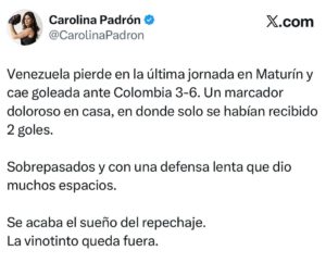 Carolina Padrón Instagram - La vinotinto no supo cómo. El equipo ofensivamente no podía hilar más de 4 pases seguidos, y defensivamente Díaz y Suárez rebasaron a los centrales en todos sus duelos. Venezuela dio demasiado espacio, que la rapidez del ataque de los colombianos, aprovechó para hacer 6 goles. SEIS. En un estadio en donde se habían recibido apenas DOS en toda la eliminatoria.
No fue un duro golpe. Fue una derrota aplastante por lo que representaba el partido más importante que se disputaba. Pero la eliminatoria se pierde luego de una buena primera vuelta. Una luego de la cual se tenía la calculadora en la mano y el fútbol castiga al que delega para después su propio futuro.
Hemos presenciado muchos procesos y sí, la cercanía de quedarse tan cerca del objetivo duele. La vinotinto se quedó fuera. Sin repechaje. El hubiera no existe, solo queda sacar las conclusiones y realizar una autocrítica extensa, para que se pueda crecer de cara al futuro.
Pero por ahora, se cierra un proceso con mucha expectativa que nos dejó en el “casi”… y el “casi” no sirve ni en la vida ni en el fútbol.